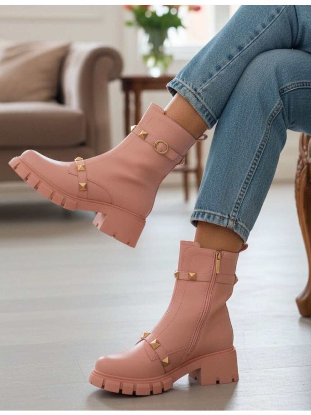 Pink Chunky Heel Ankle Boots With Gold Studded Straps & Side Zipper Closure For